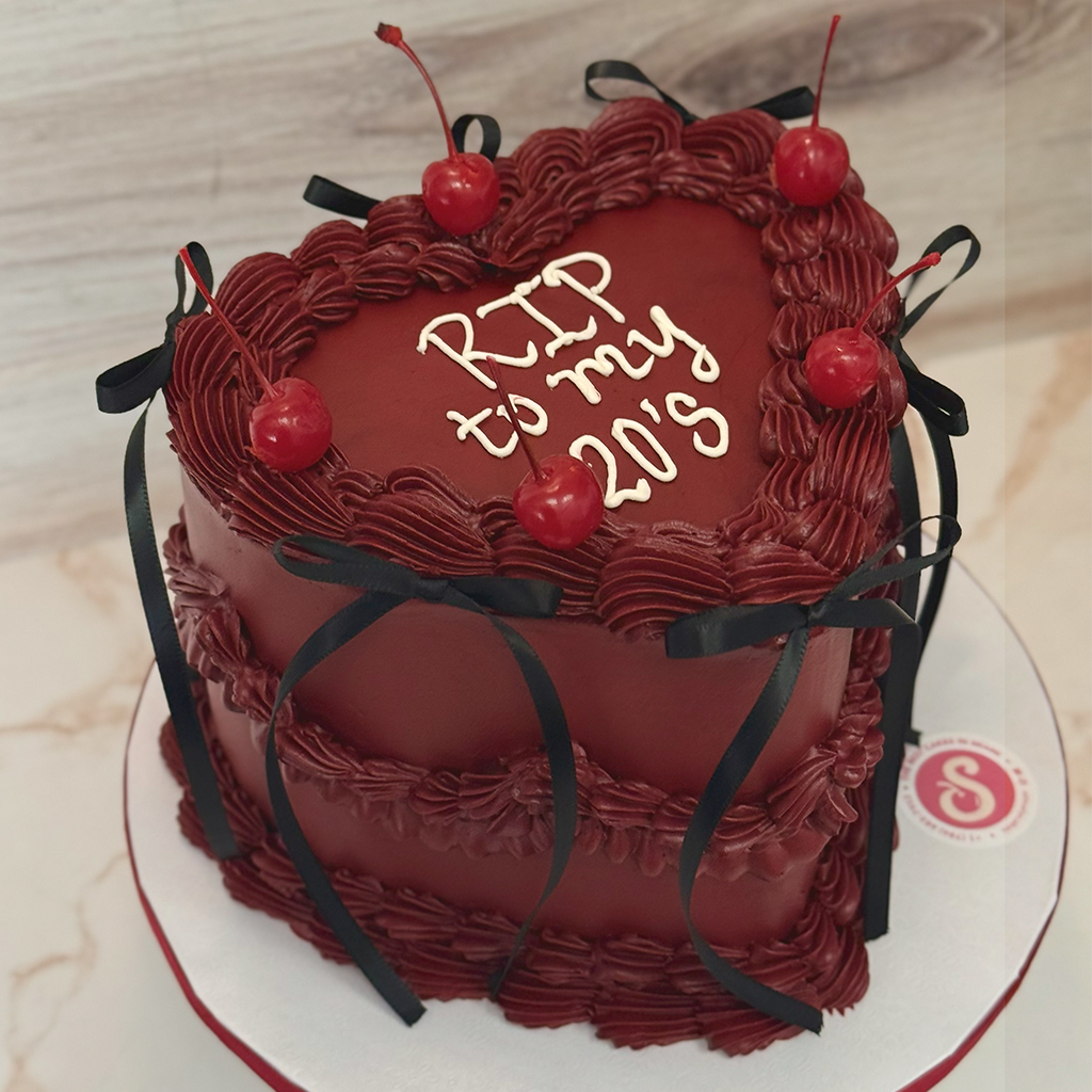 Vintage Burgundy Heart Cake with Cherries